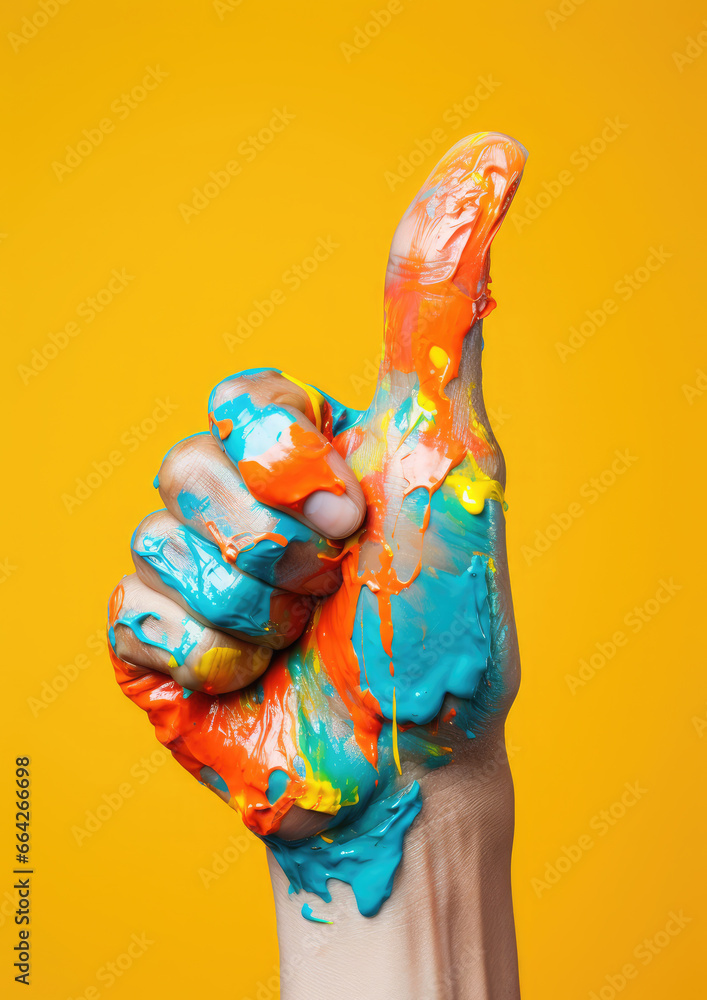 a person's hand in paint on a colored background, gesture, fingers, palm, deaf-mute language, art, artist, drawing, body art, ok, thumb up