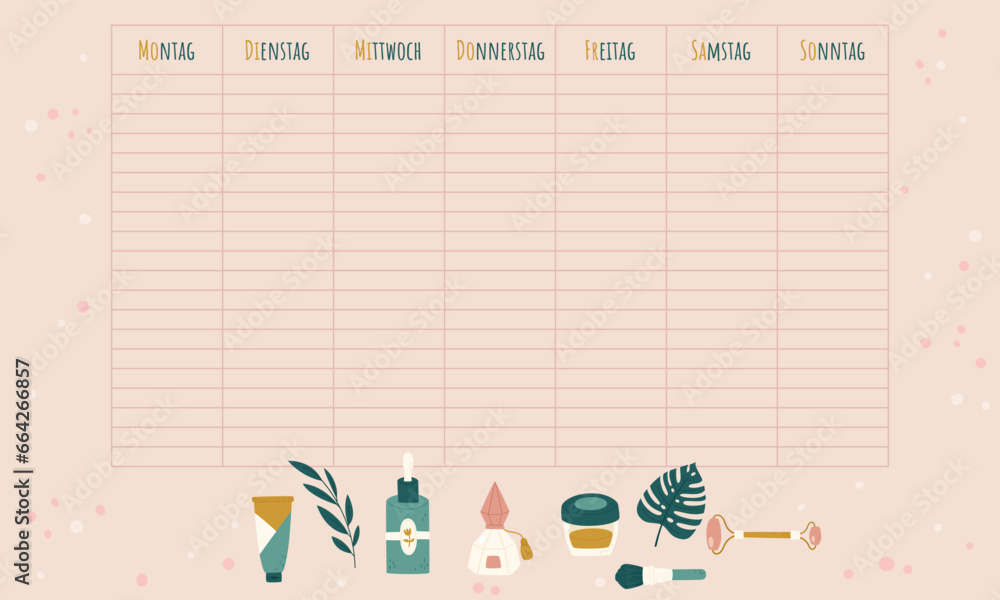 Obraz premium German blank weekly calendar. Weekly planner template for German speakers. Organizer with beauty products. Vector illustration