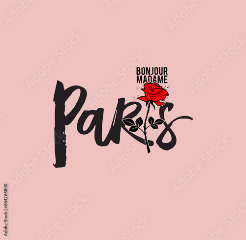 Bonjour Paris . Typography graphic print, Abstract fashion drawing for t-shirts. creative design for girls. Illustration in modern style for clothes. Girlish print