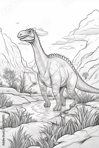 Anti stress coloring book page of dinosaur in a line art hand drawn style for kids and teens
