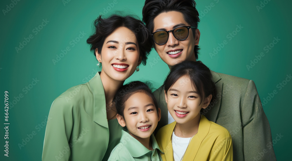happy vogue fashion family wearing color clothes, taking a picture, professional studio colors background happy vogue fashion family wearing color clothes, taking a picture, professional studio colors background