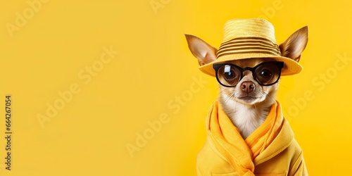Cool looking Chihuahua dog wearing funky fashion dress. space for text right side. © AbulKalam