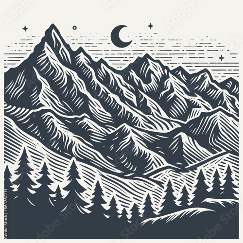 Mountain scene in the night. Vintage woodcut engraving style vector illustration.