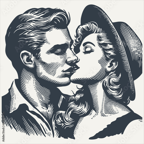 Couple kissing passionately. Vintage woodcut engraving style vector illustration.