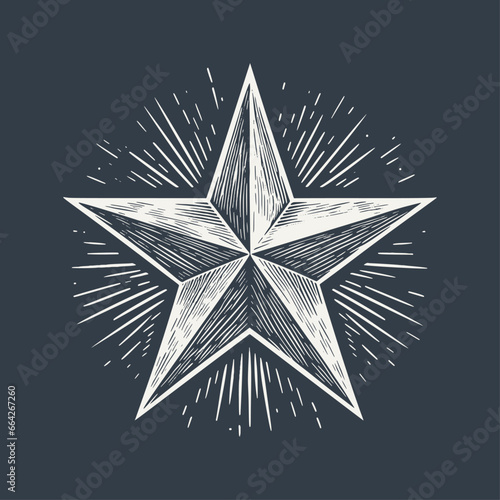 Five Pointed Star. Vintage woodcut engraving style vector illustration on dark background.