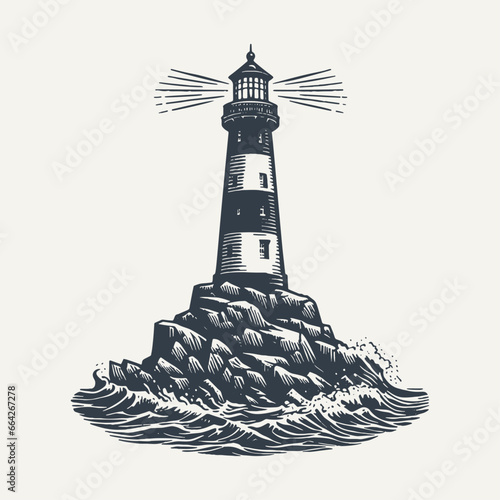 Lighthouse on a rocky island. Vintage woodcut engraving style vector illustration.