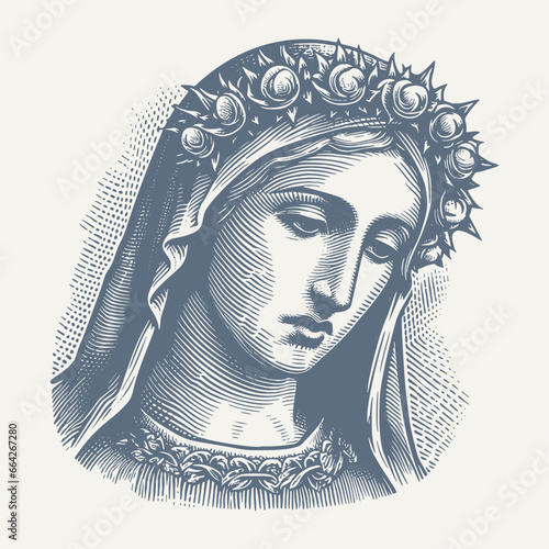 Portrait of Holy Mary. Vintage woodcut engraving style vector illustration.