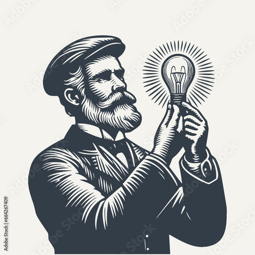 Man holding a lightbulb. Vintage woodcut engraving style vector illustration.