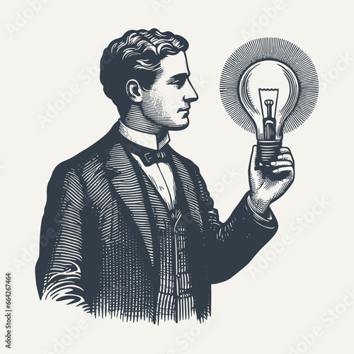 Man holding a lightbulb. Vintage woodcut engraving style vector illustration.