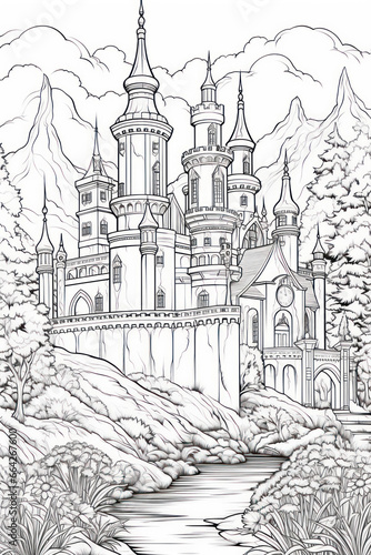 Coloring book page of a great fantasy castle in a line art hand drawn style for kids and teens