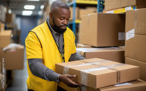 Employee holding a box and smiling in a warehouse wearing bright solid color cloth
