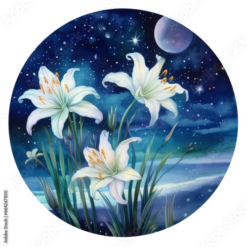 Watercolor fairy lilies blooming under a starry night sky on a white background.