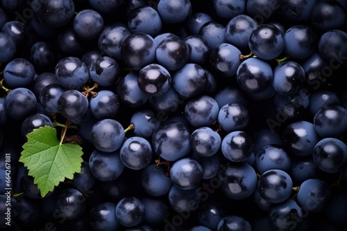 Flat lay background of vines, lots of organic blue dark grapes.