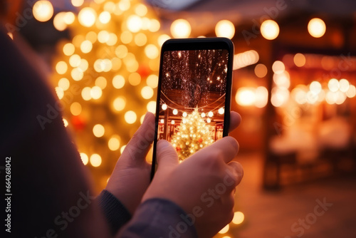 Hands holding smartphone capturing festive Christmas tree amidst glowing city lights at night
