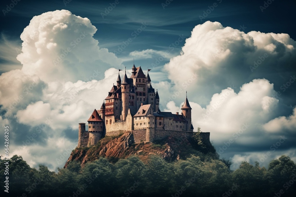 Enchanting castle amid fluffy clouds. Generative AI