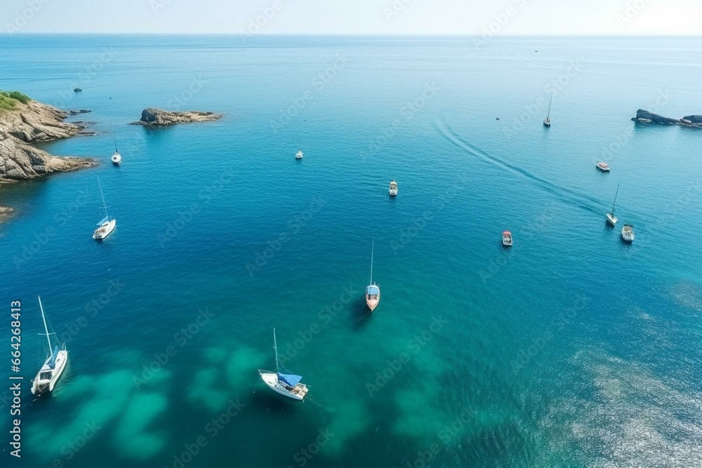 Aerial view of boats on blue water. Scenic summer seascape. Travel and maritime concept. Generative AI
