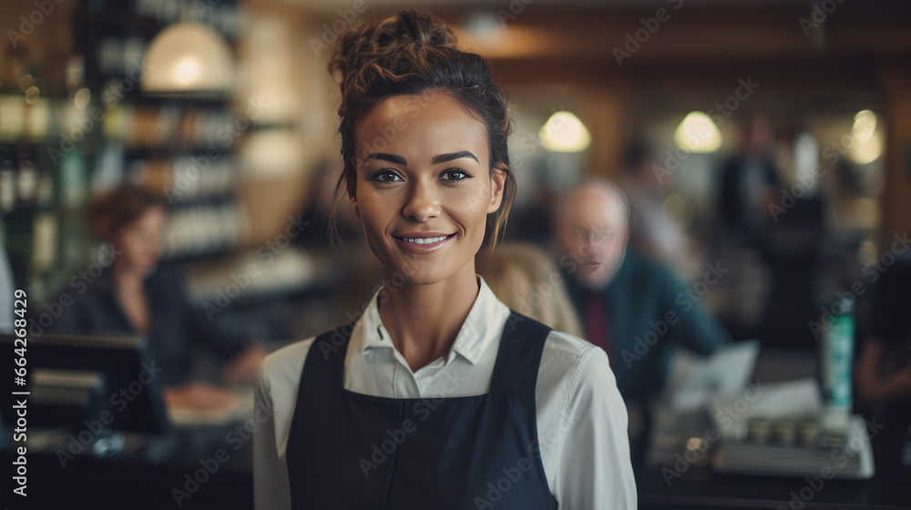 Smiling, young and attractive saleswoman, cashier serving customers. AI generativ. Smiling, young and attractive saleswoman, cashier serving customers. AI generativ.