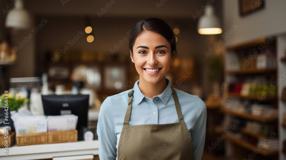 Smiling, young and attractive saleswoman, cashier serving customers. AI generativ. - obrazy, fototapety, plakaty 