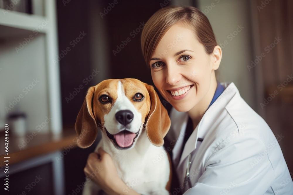in a veterinary clinic, a smiling white veterinarian is captured in a portrait with a happy Beagle dog