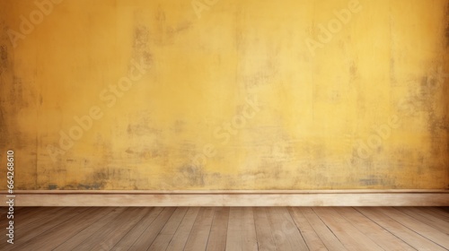 old grungy vintage yellow wall with wooden floor background with copy space