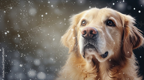 Gold Retriever dog on snowing background. Christmas theme. Empty space for text.