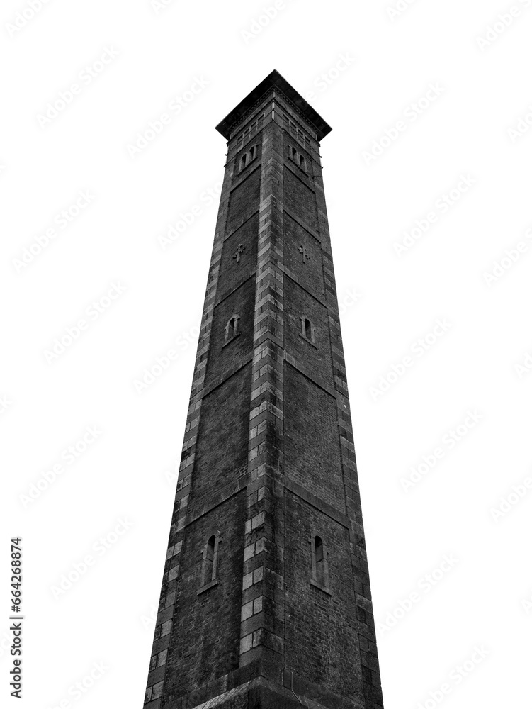 High brick tower construction over white background