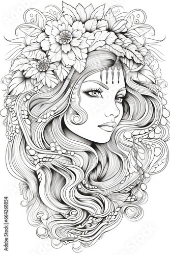 coloring page of a mermaid princess in a line art hand drawn style for kids and teens