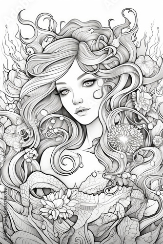 coloring page of a mermaid princess in a line art hand drawn style for kids and teens