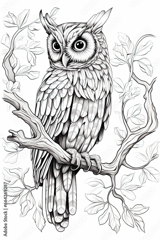 coloring page of night owl or hooter in a line art hand drawn style for kids