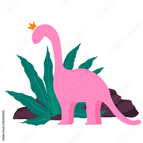 Cute little dinosaur portrait. Pink princess in a crown. Cartoon, adorable diplodocus. Vector illustration. Isolated on a white background. Print for a girl in the nursery.