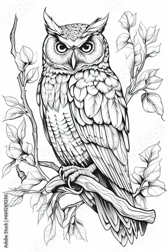 coloring page of night owl or hooter in a line art hand drawn style for kids