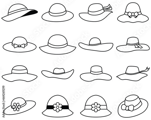 Set of woman hats vector line art. Hat collection