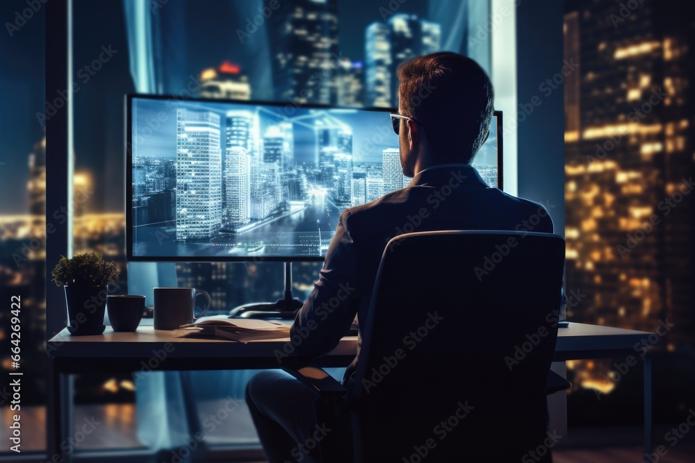 A man working in front of a large computer monitor at night.. Fictional characters created by Generated AI. A man working in front of a large computer monitor at night.. Fictional characters created by Generated AI.