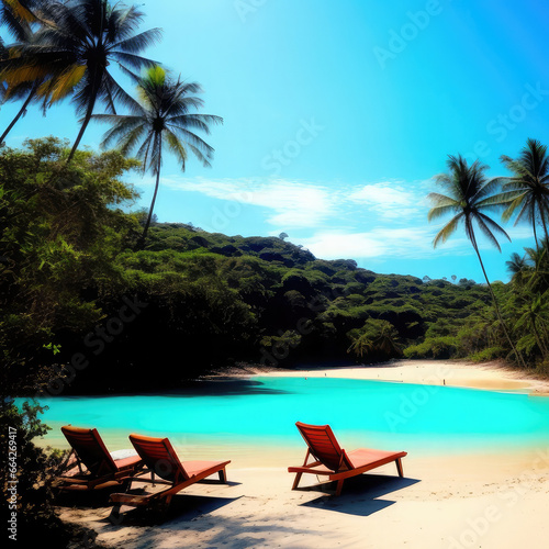 Sun loungers on a paradise island next to the lagoon