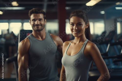 Fitness Models Posing in the Gym - A Man and a Woman. Fictional characters created by Generated AI.