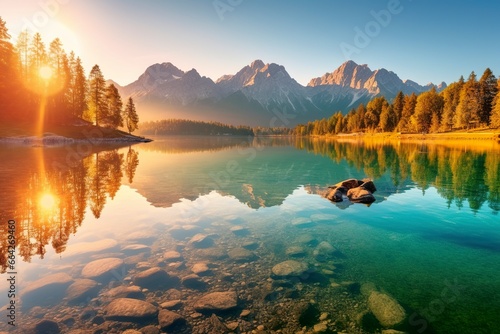 Impressive summer sunrise on Eibsee Lake with Zugspitze mountain range.