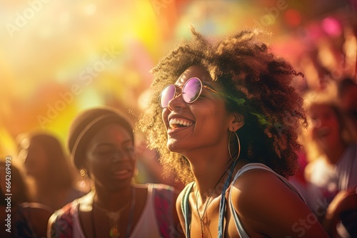 Joyful Moment at Music Festival: Young Woman with Afro Hairstyle Smiling and Wearing Sunglasses