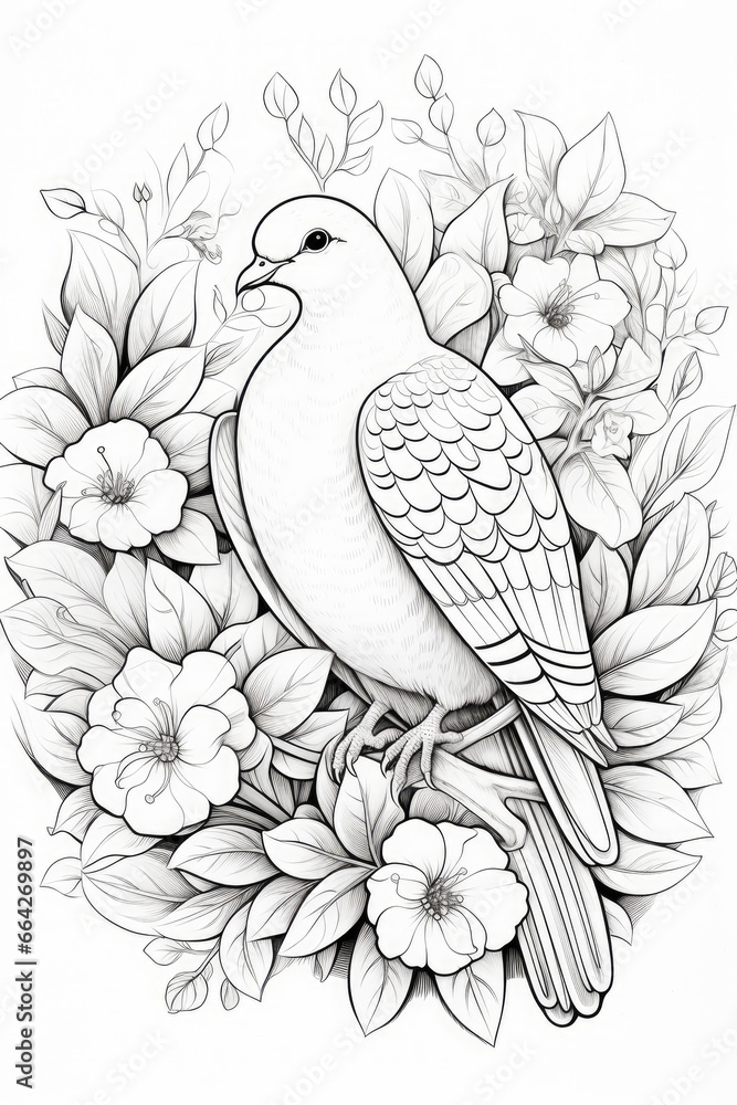 coloring page with mandala ornaments of a dove or pigeon in a line art hand drawn style