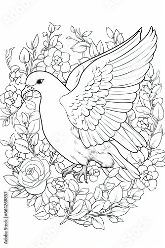 coloring page with mandala ornaments of a dove or pigeon in a line art hand drawn style © LightoLife
