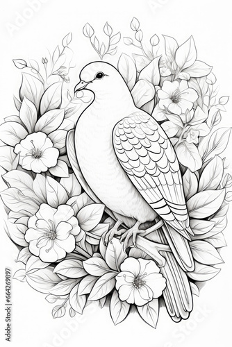 coloring page with mandala ornaments of a dove or pigeon in a line art hand drawn style © LightoLife