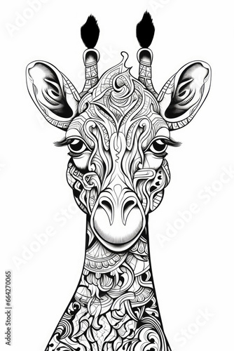 coloring page with mandala ornaments of a giraffe head in a line art hand drawn style