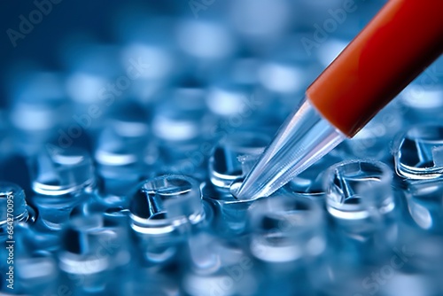 Macro shot of doctor tip and plastic plate for immunosorbent assay.