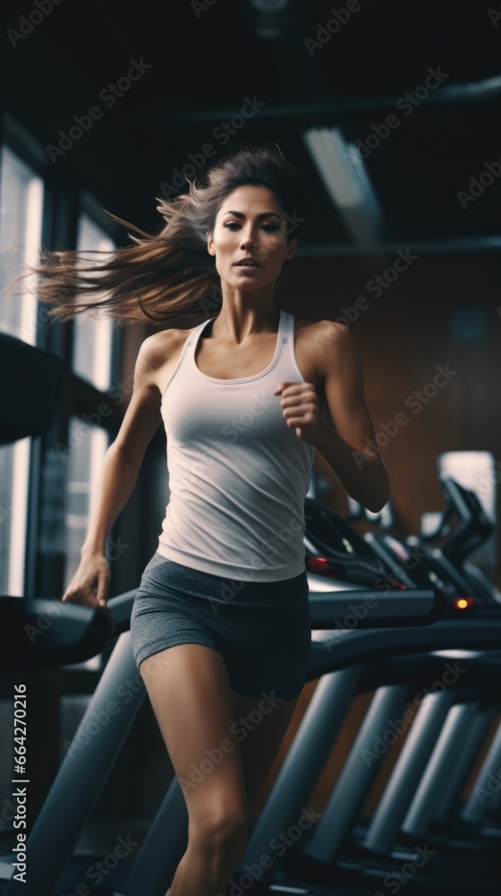 Female Fitness Model Running on a Treadmill. Fictional characters created by Generated AI. Female Fitness Model Running on a Treadmill. Fictional characters created by Generated AI.