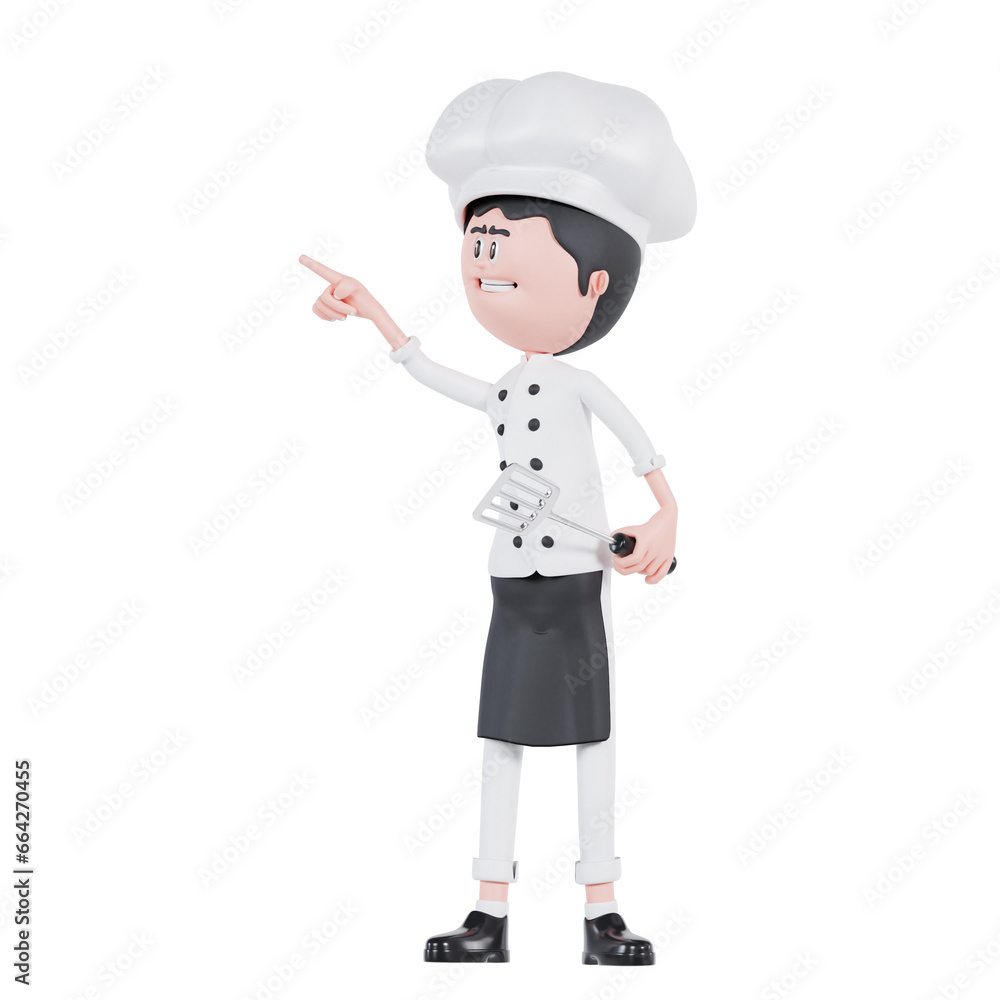 3d cartoon chef pointing to up right