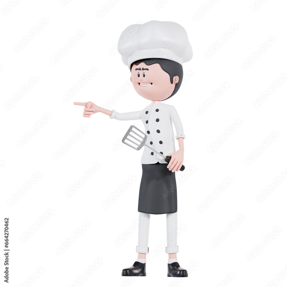 3d cartoon chef pointing to right with spatula 3d cartoon chef pointing to right with spatula