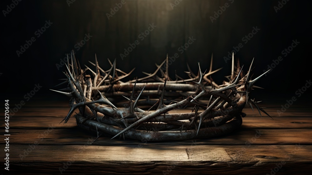 Fototapeta premium Christian symbolism embodied by thorny crown atop aged table