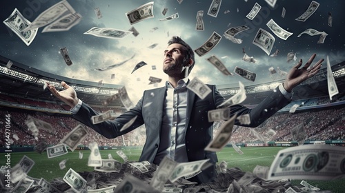 Businessman betting on sports with large amount of money at a soccer stadium