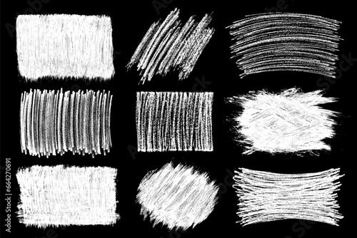 Set of scribble hand drawn in chalk on black background. Shabby white texture. Monochrome stain element. Rusted effect. Digitally generated image. Vector illustration.