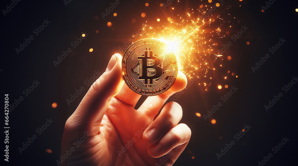 A sparkling bitcoin in hand, symbolizing the risk of investing in cryptocurrency. - obrazy, fototapety, plakaty 