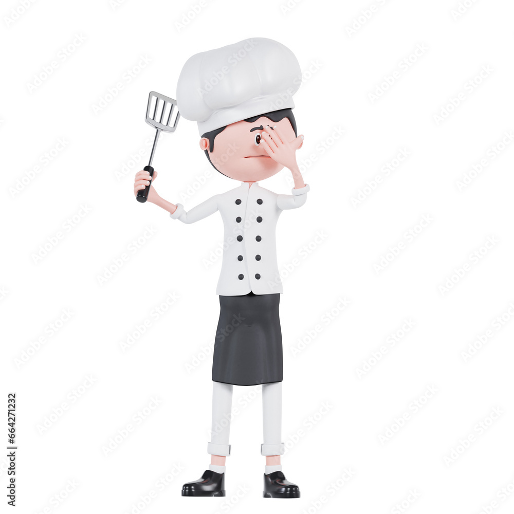 3d cartoon chef confused with holding spatula 3d cartoon chef confused with holding spatula